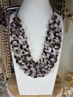 J Crew Tortoise Chain Acrylic Necklace Adjustable Ribbon Tie Jewelry Preppy